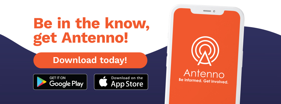 Orange, blue and white banner that says 'Be in the know, get Antenno