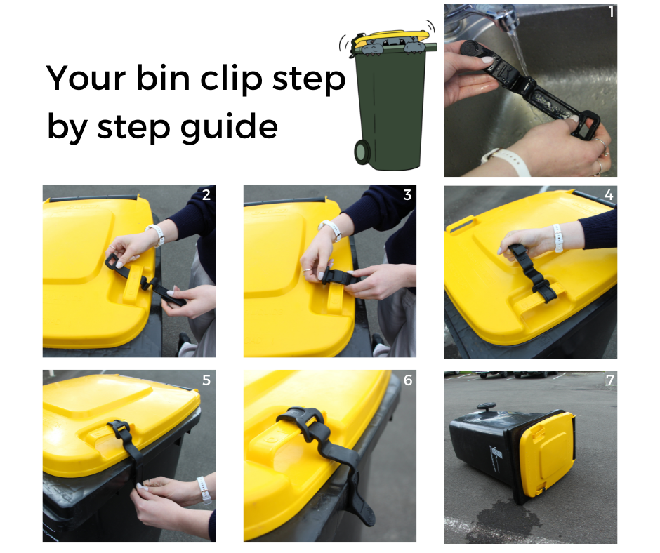 Image with step by step instructions on how to use your bin clips 1. running it under water 2. putting it through the handle of the bin 3. pulling the clip up 4. looping it through the hole and pulling it tight 5. pull the bin clip downwards 6. clip it on to the lip of the bin 7. there won't be anything falling our of your bin if it tips over while the bin clip is on it.
